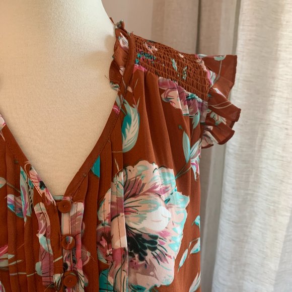 Terracotta floral boho sleeveless blouse, Daniel Rainn XS - Picture 4 of 5